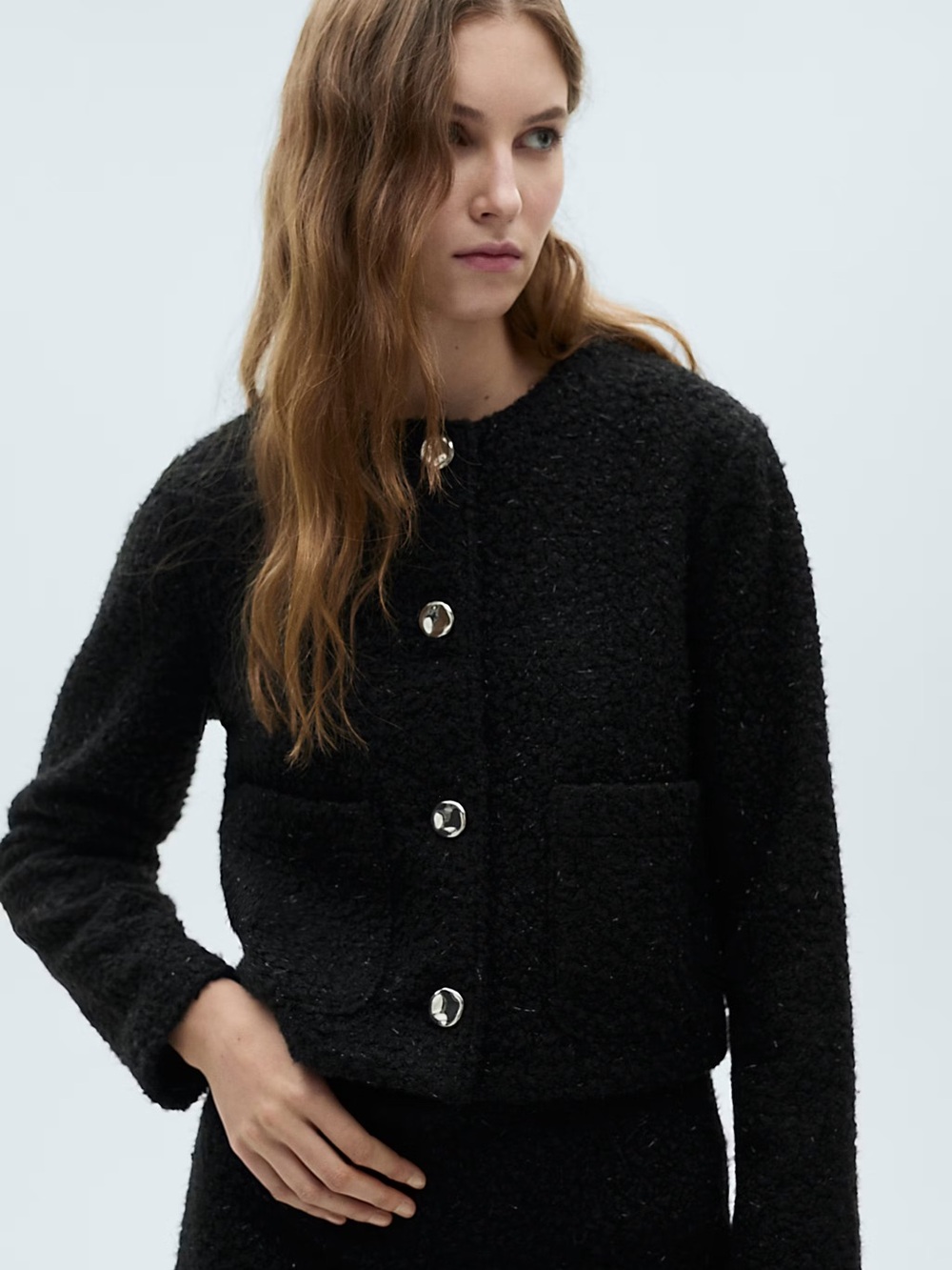 Mango Black Bouclé Cropped Button Jacket